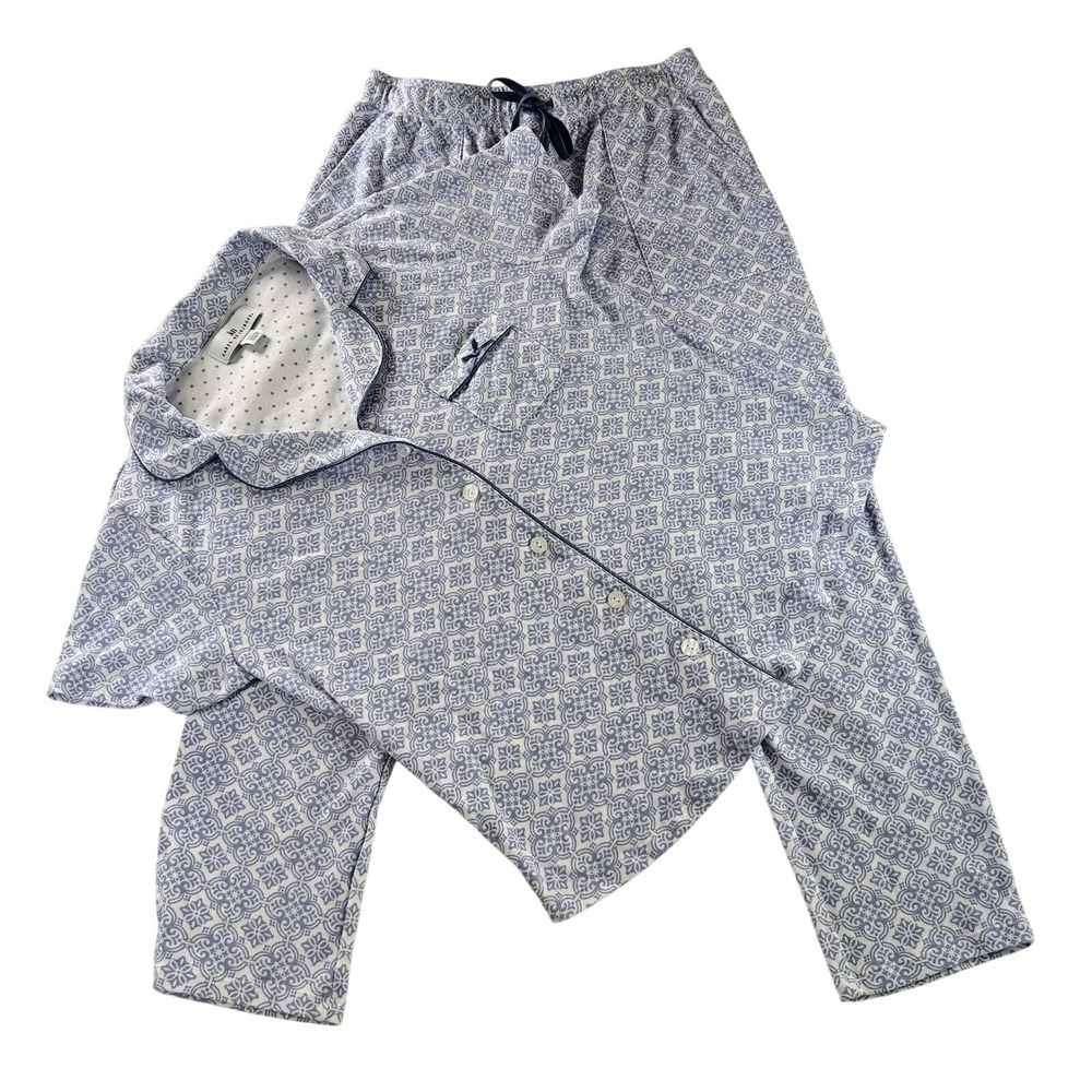 Karen Neuburger Blue White Tile Pajama Set Small Cotton Button Top Pants